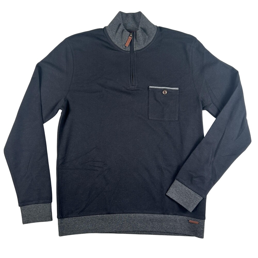 Ted Baker Sweatshirt Mens Large Black Gray 1/4 Zip Mock Neck Pocket Pullover